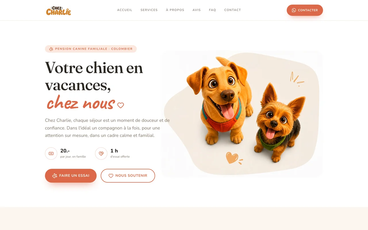 Page d'accueil du site Chez Charlie, pension canine familiale à Colombier