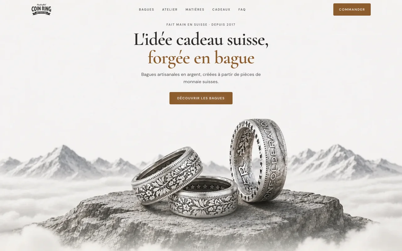 Page d'accueil du site Coin Ring, bagues artisanales forgées dans des pièces de monnaie suisses