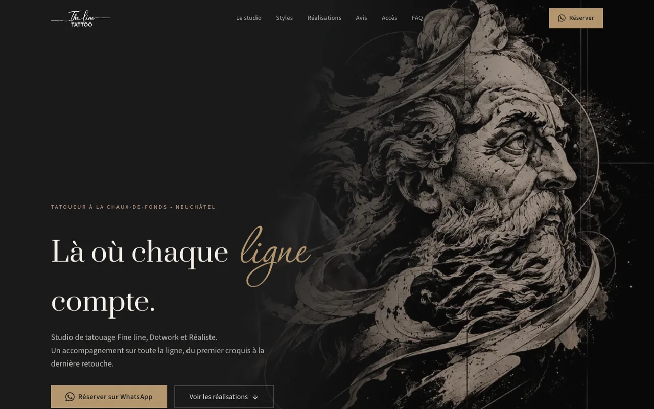 Page d'accueil du site The Line Tattoo, studio de tatouage à La Chaux-de-Fonds